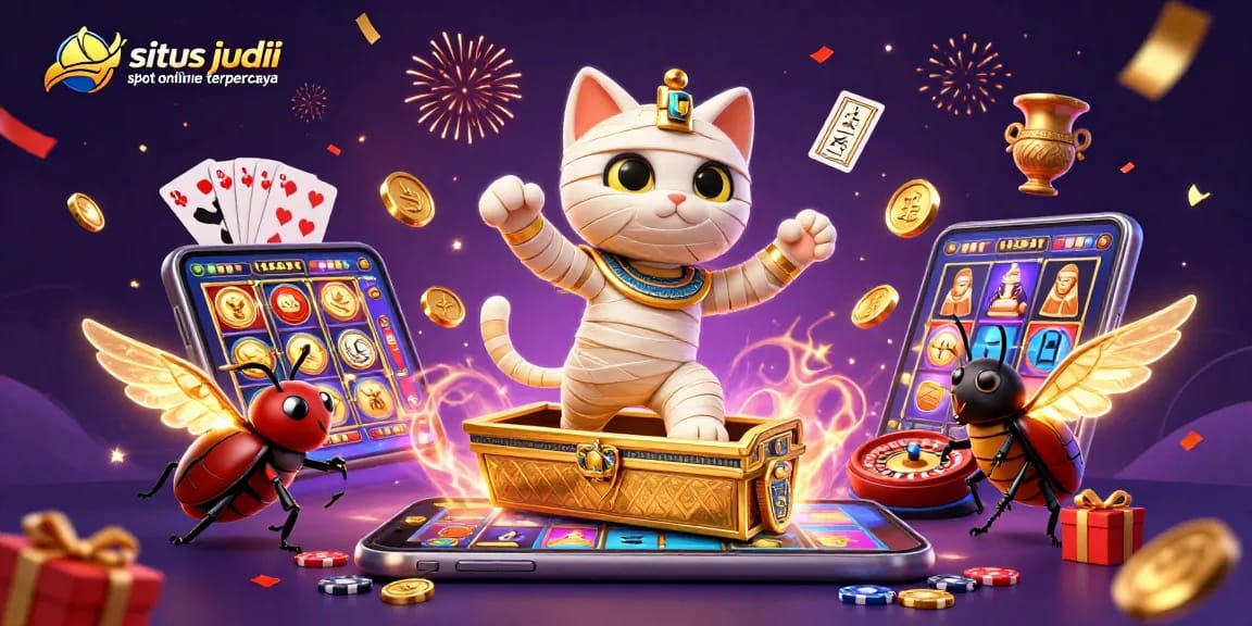 Experience thrills at situs judi slot online terpercaya with a dynamic scene of a mummy cat and magical gaming elements.