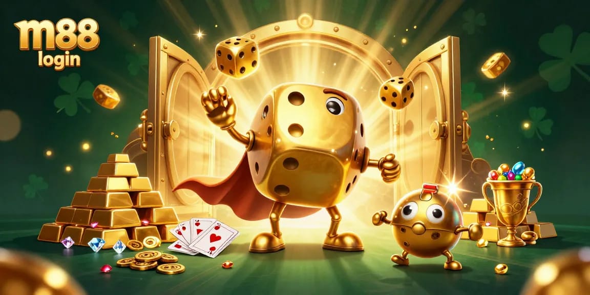 Experience the thrill of m88 login by playing with dynamic golden dice and elite gaming elements in a vibrant casino scene.