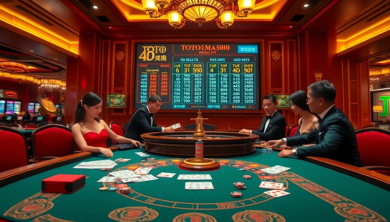 Toto Macau live draw showcased with players engaging at a vibrant casino table filled with chips.