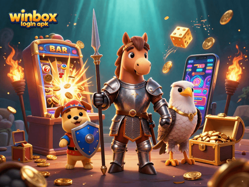 Engage in thrilling games with winbox login apk, featuring a dynamic casino scene with vibrant characters and elements.