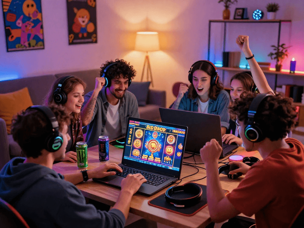 Friends enjoying a lively gaming session with slot88 online slots on a laptop.