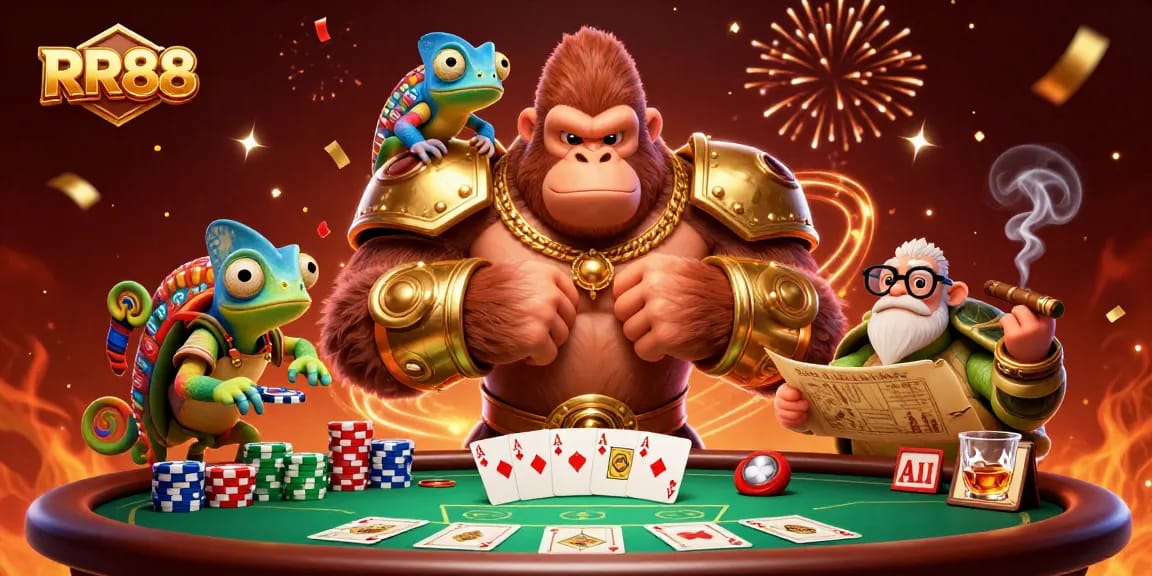 Experience excitement at RR88 with a vibrant scene featuring animated characters and engaging casino elements.