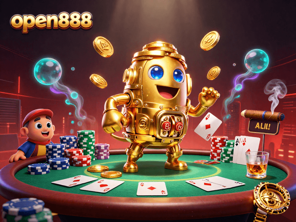 Experience thrilling gaming action with open888 as golden golem and poker elements shine in a vibrant casino scene.