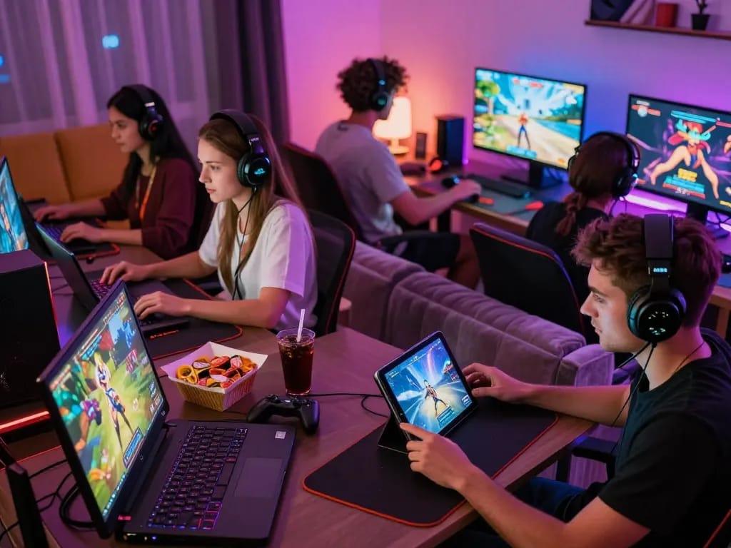 Engaged players enjoying porngames in a colorful gaming setup with immersive graphics.