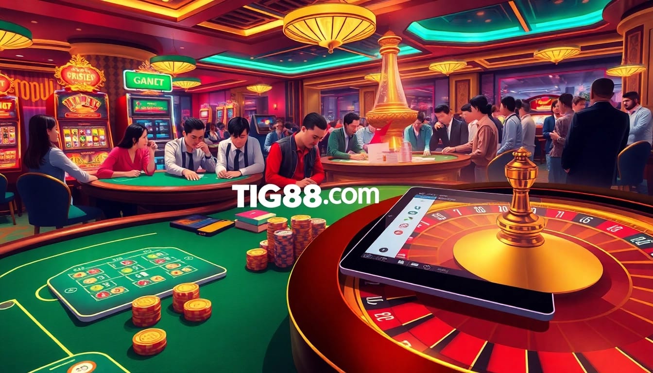 Engaged players enjoying games at TG88.COM with vibrant slots and poker tables in a luxurious casino setting.