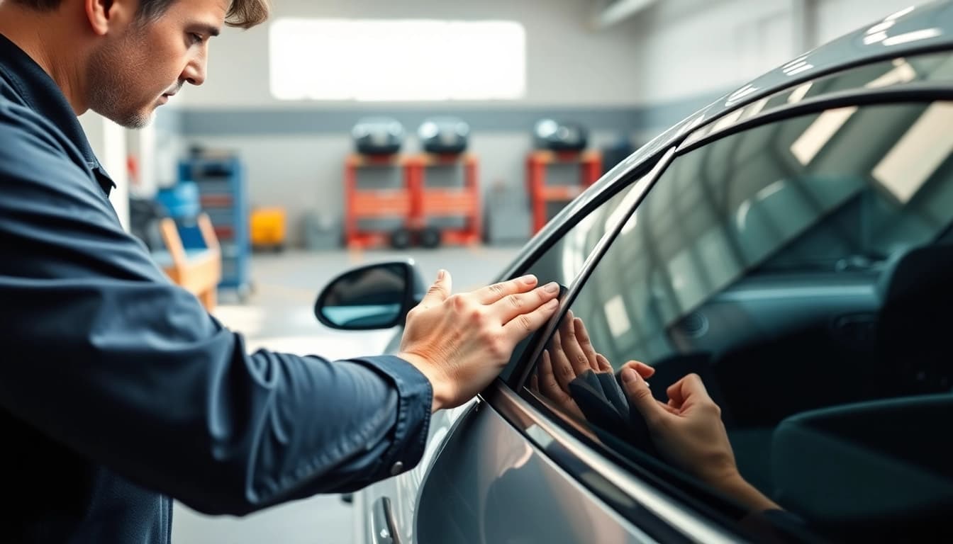 Applying window tint near me by a skilled technician on a vehicle's window for better privacy.