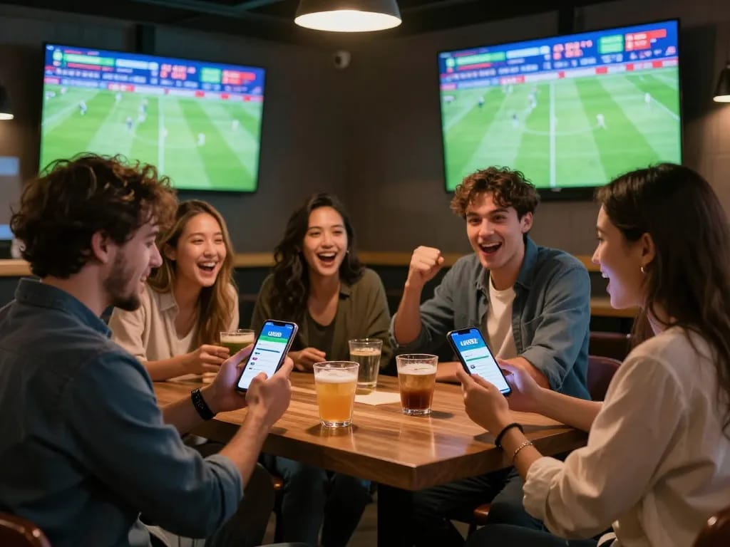 Friends placing bets on the UU88 bet app while enjoying a live football match