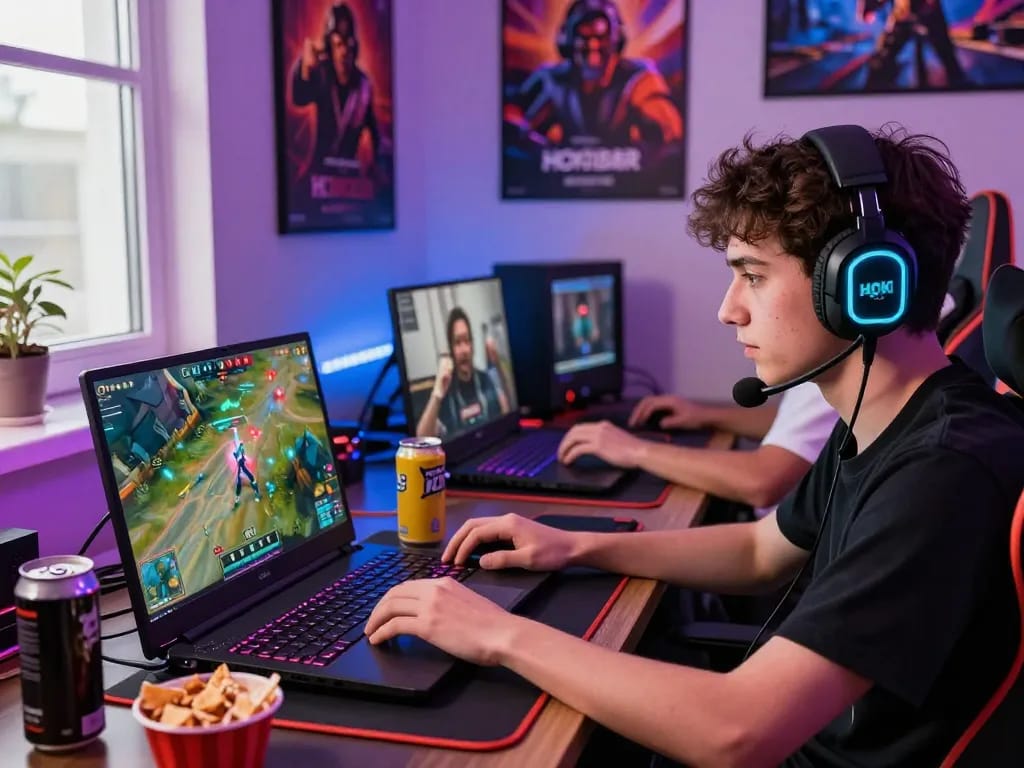 Exciting gaming moment featuring HOKI288 in a lively room with LED lights.