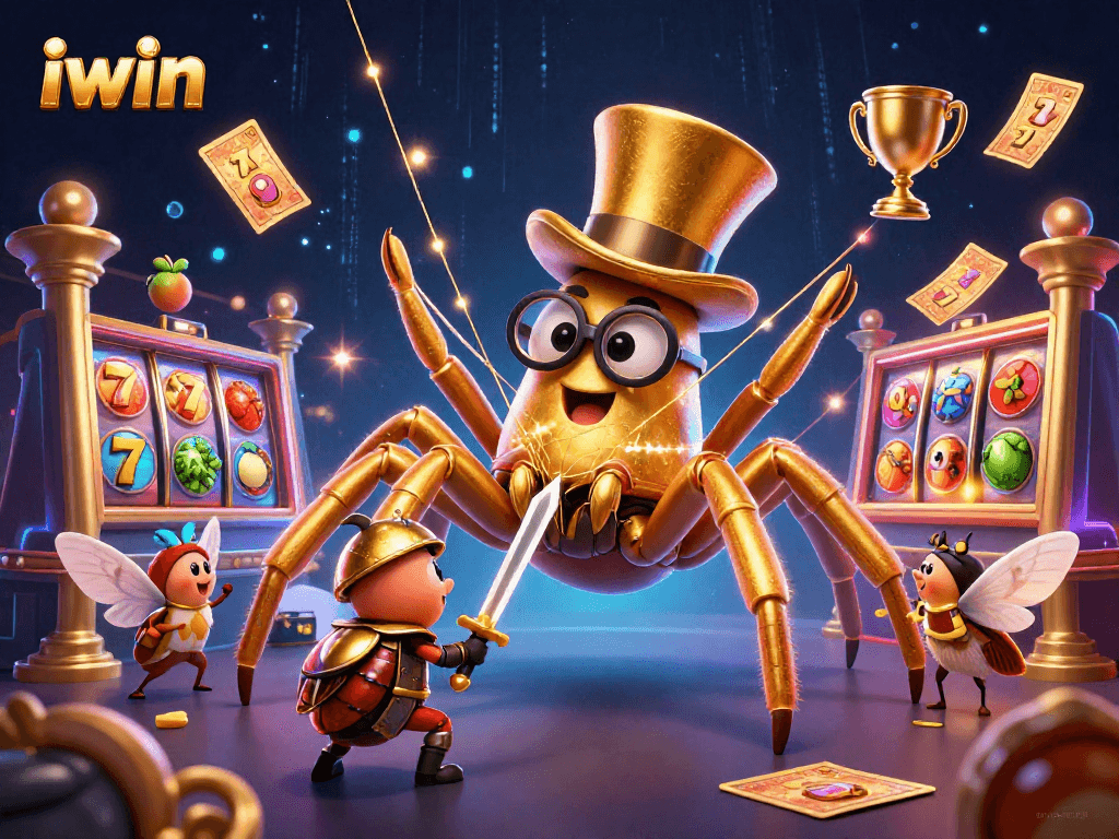 Win big at iwin with an exciting 3D scene featuring a giant tarantula and beetle knight.