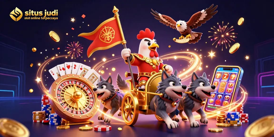 Engage with the dynamic world of situs judi slot online terpercaya featuring a rooster warlord and dazzling slot elements.