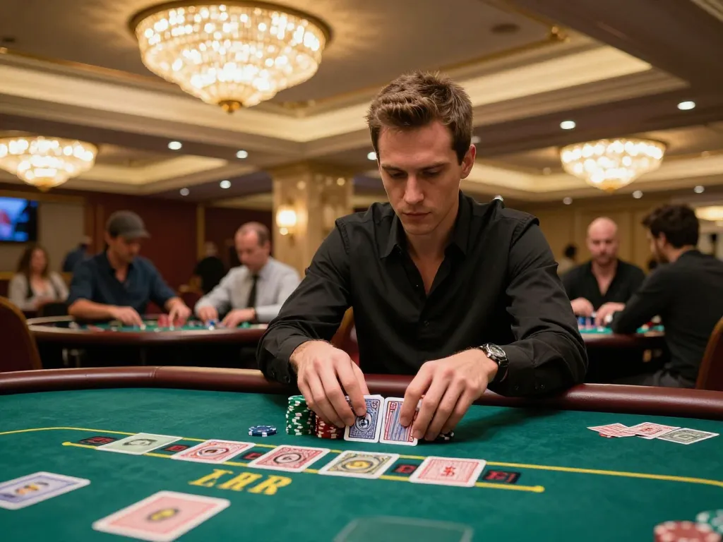Engaged player at TO288 blackjack table, focusing on dealer's cards in upscale casino.