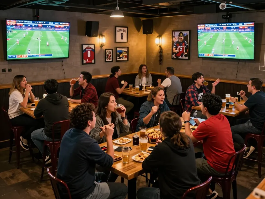 Rasakan euforia skor langsung selama pertandingan sepak bola yang mendebarkan di bar olahraga yang ramai.