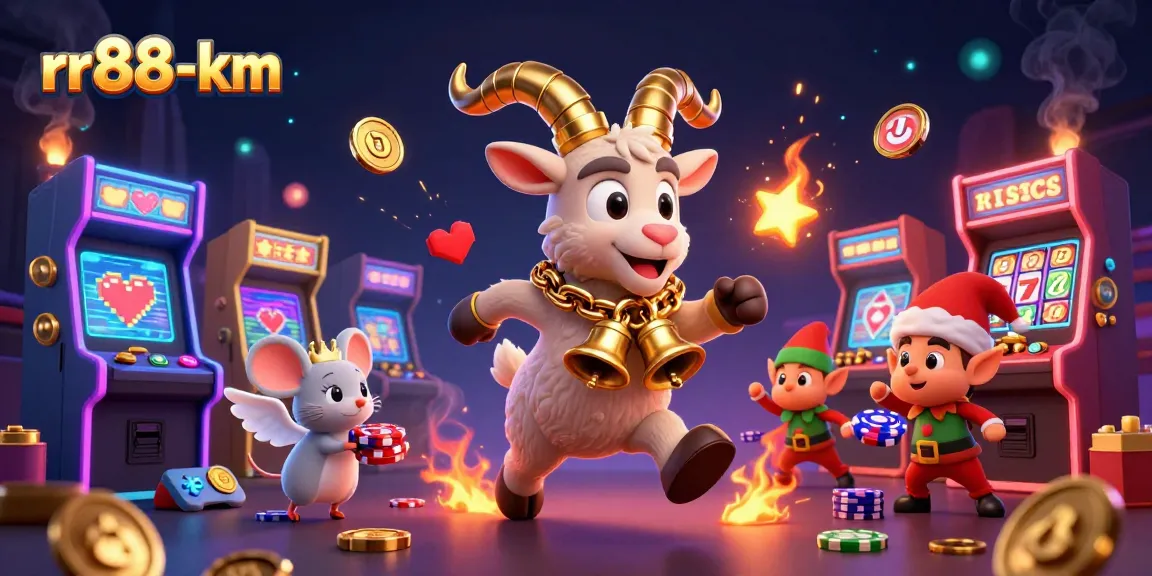 rr88-km features a 3D cartoon Krampus hosting a vibrant casino scene filled with action.