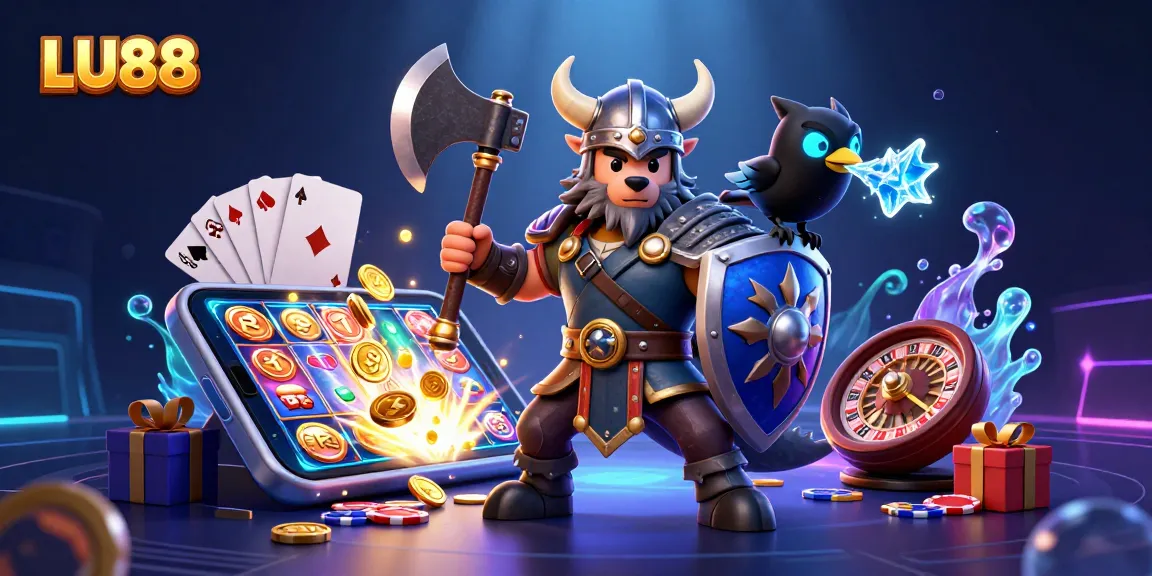 Spin to win with LU88 in this engaging 3D illustration featuring a Viking warrior and dazzling casino elements.