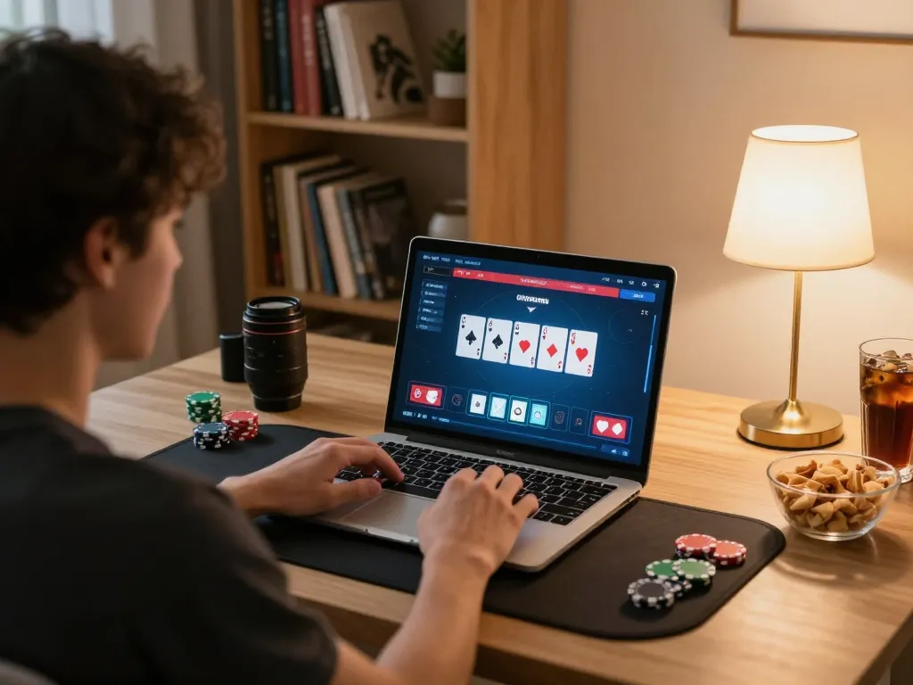 Pemain Bintangmpo menikmati permainan poker online di rumah, menunjukkan layar laptop dan lingkungan yang nyaman