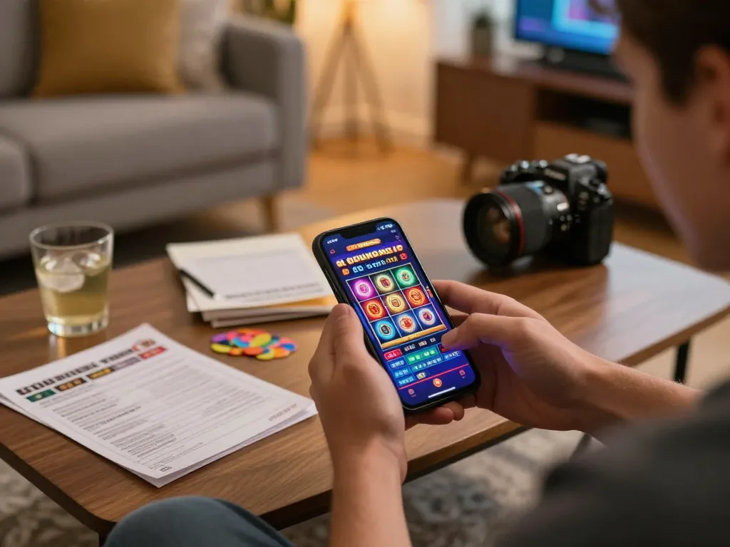 God55 player enjoying a vibrant online slot game on a smartphone in a cozy living room.