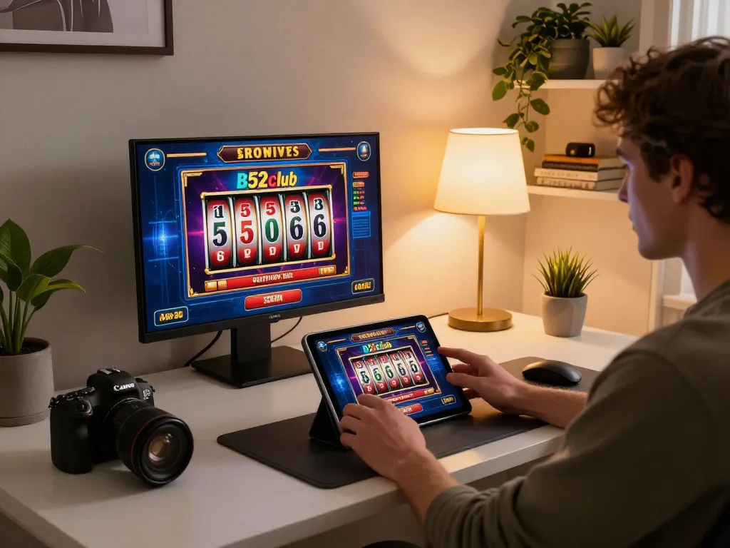 b52club player engaging with thrilling slot games in a cozy home office atmosphere