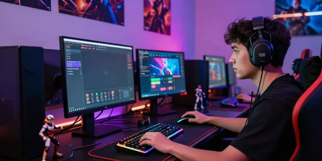 Engaging loket88 gaming experience with player focusing on vibrant interface and gaming setup.