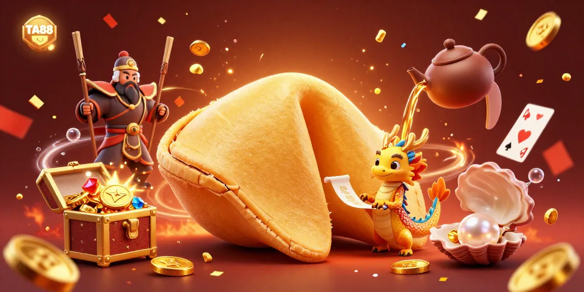 Engage with TA88's vibrant gaming atmosphere featuring a fortune cookie, wise dragon, and gold-drenched elements.