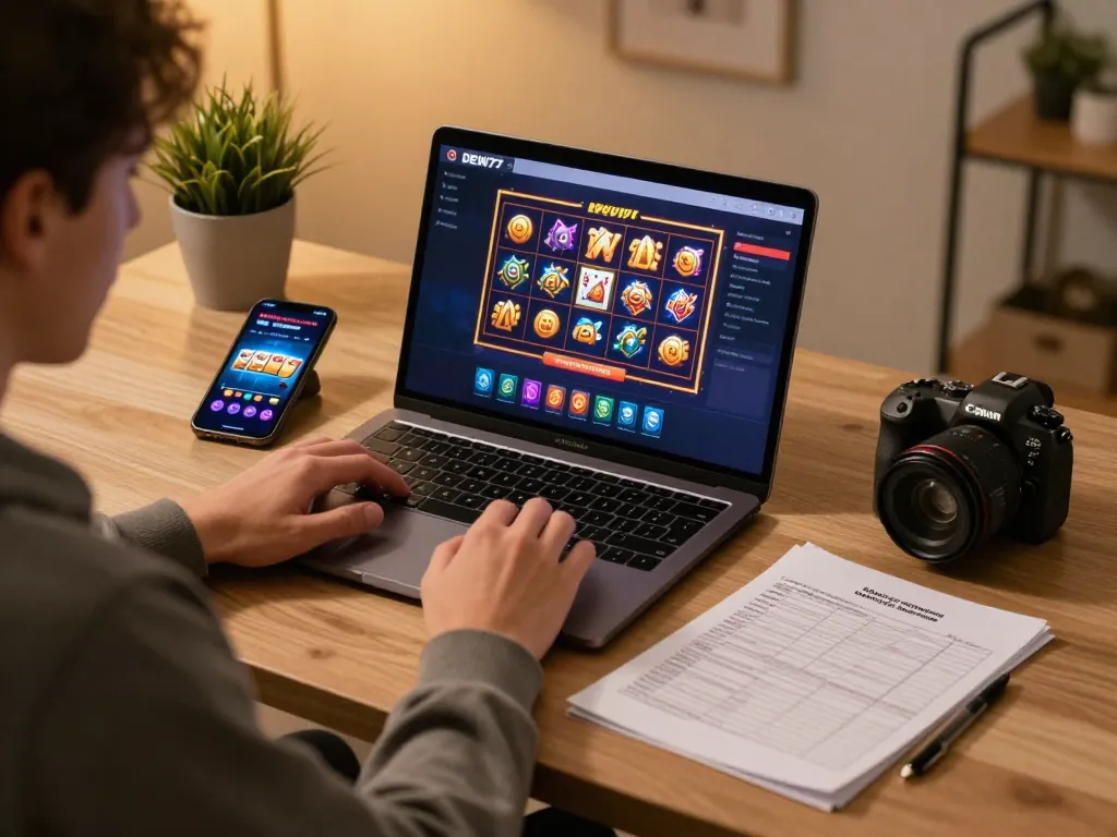 Permainan online yang menarik dengan DEWI77, menunjukkan seorang pemain yang fokus pada laptop untuk aksi kasino.