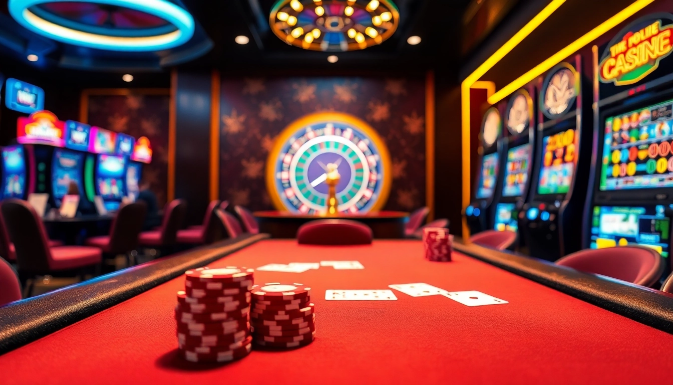 Engaging in exciting idnslot games at a luxurious casino, featuring poker tables and roulette wheels.