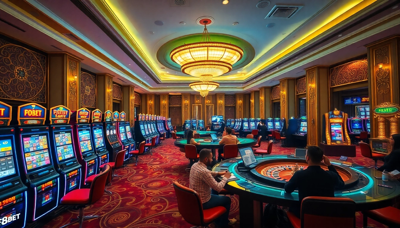 Experience F8BET's thrilling casino atmosphere with elegant tables and vibrant slot machines.