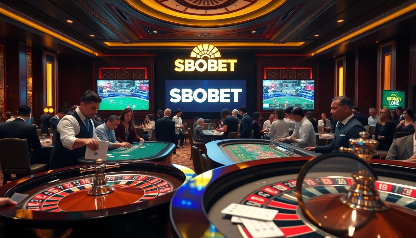 SBOBET logo featured in a lively casino scene showcasing sports betting excitement with gamblers in action.