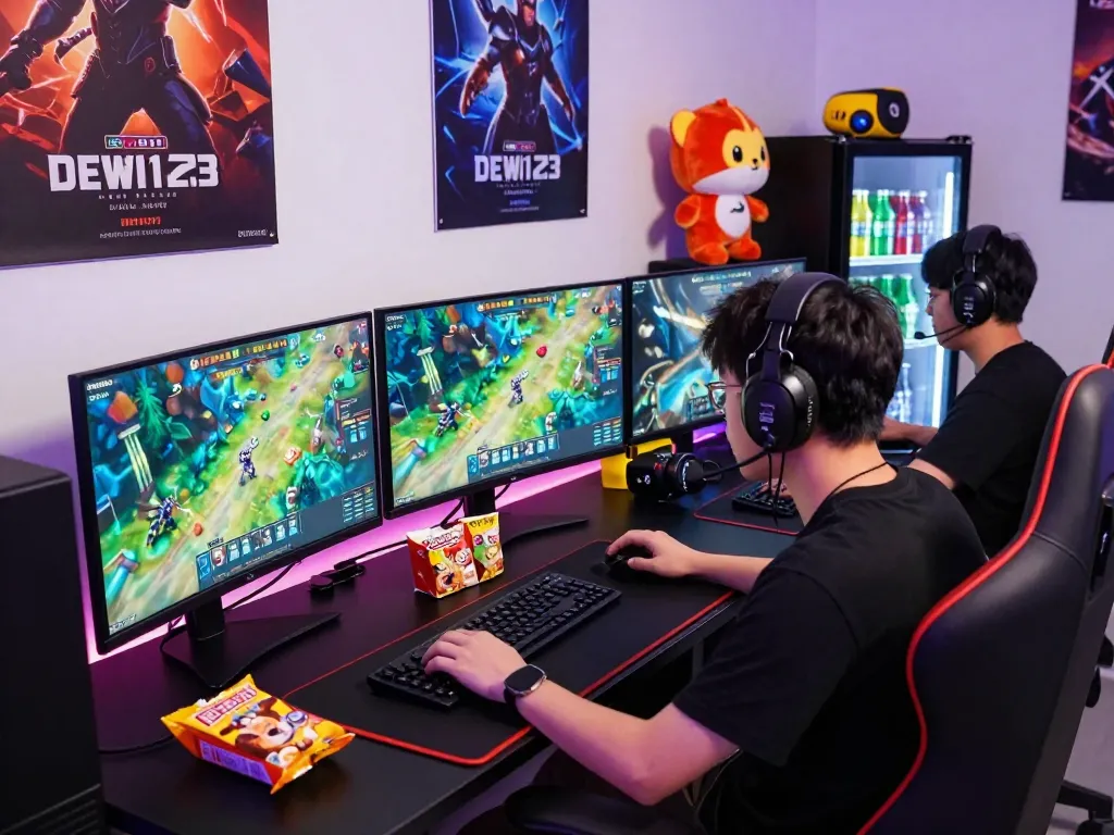 Gamer focused on DEWI123 online game interface with vibrant setup and snacks.