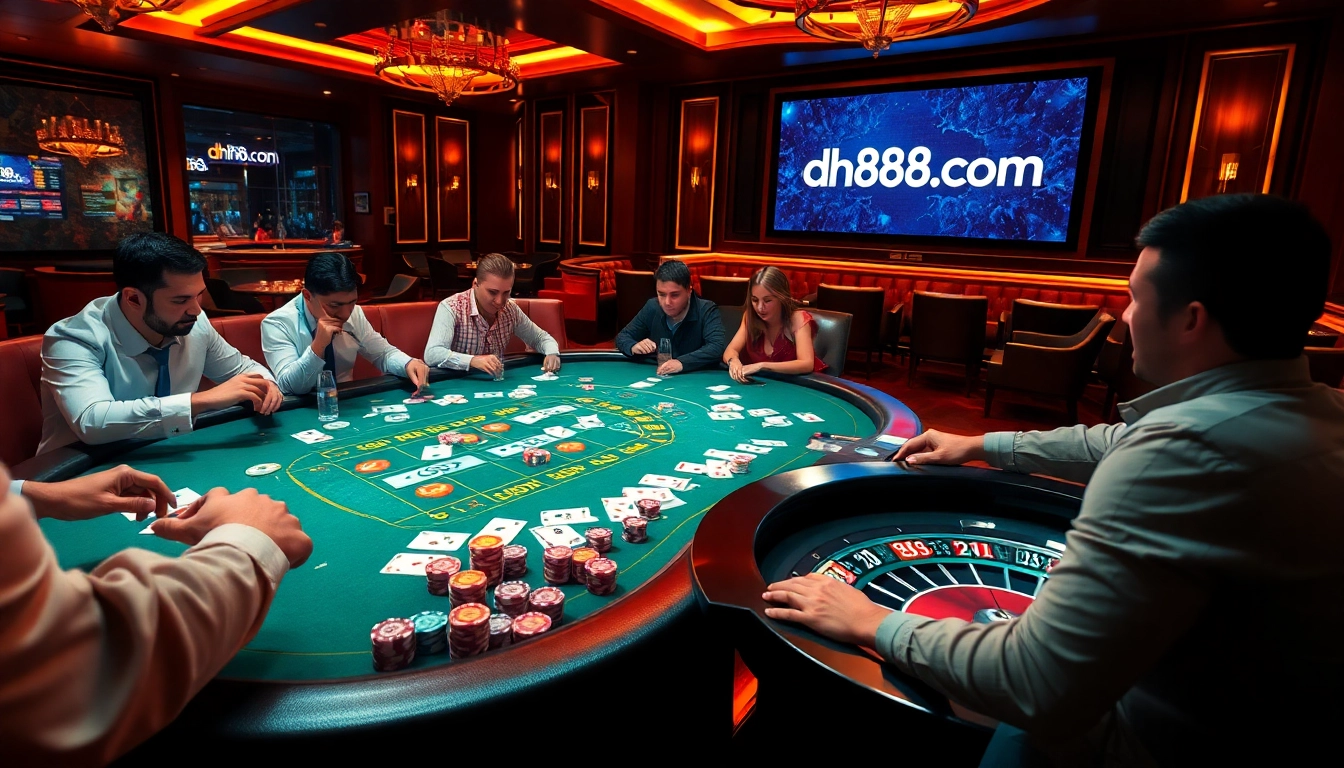 A thrilling casino scene with players enjoying poker at dh88.com, showcasing vibrant chips and cards.