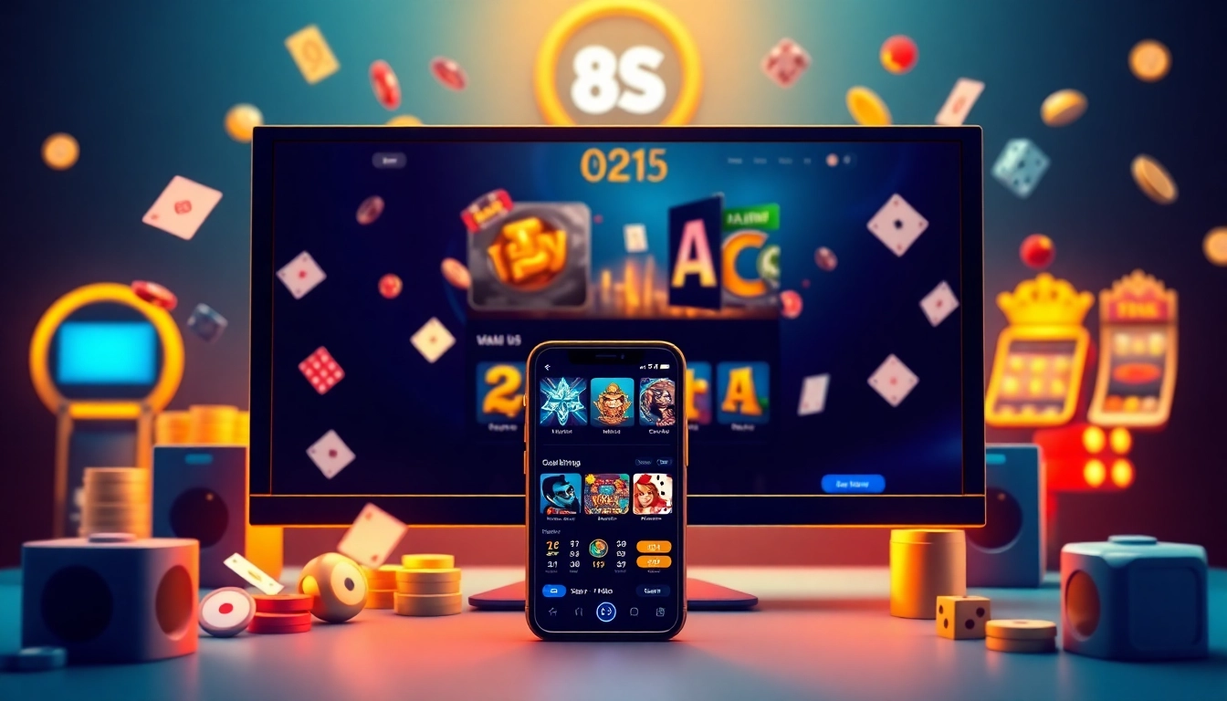 Engaging scene of online gambling with 8S, showcasing a smartphone and desktop gaming interface in a luxurious setup.