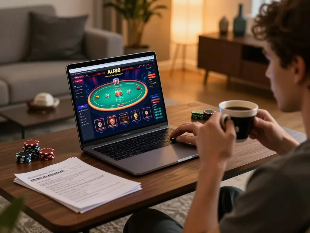 Playing poker on AU88's online platform in a cozy home setting with strategic notes