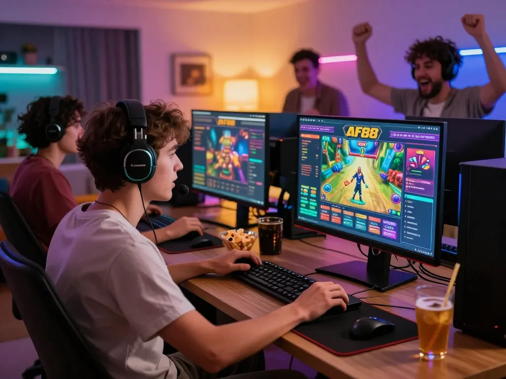 Engaged gamer using af88 net platform in a vibrant gaming environment.