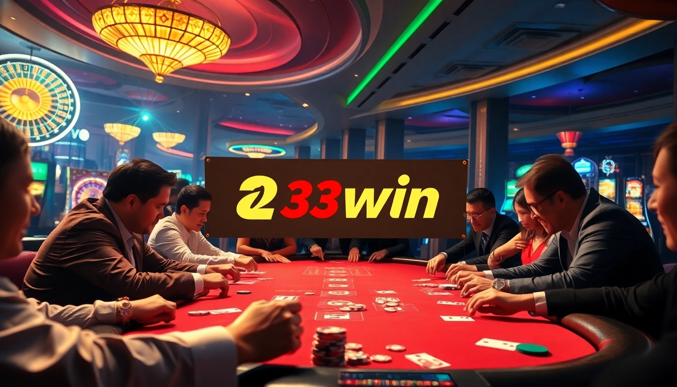 Players at the 23win casino table engage in an exciting poker game, showcasing a thrilling gambling atmosphere.