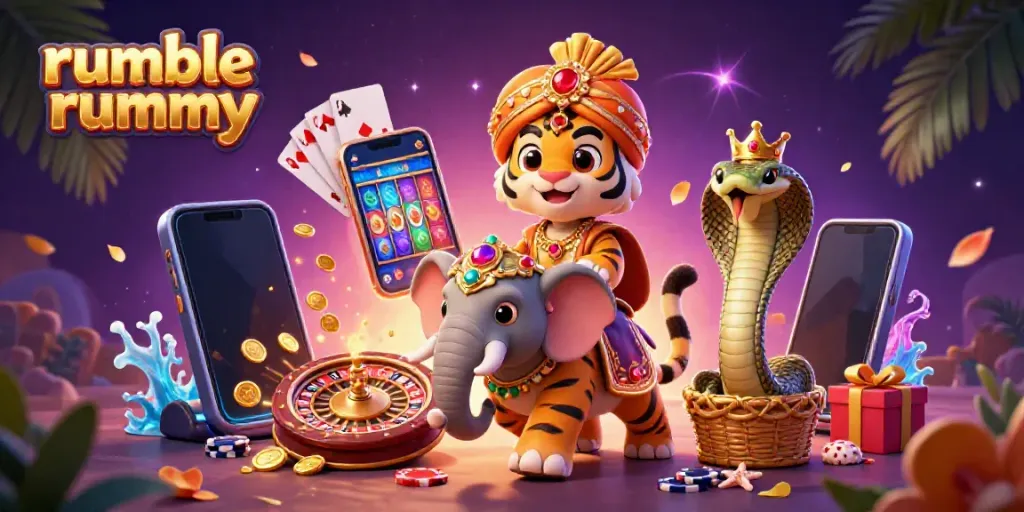 Experience the thrill of Rumble Rummy with an illustration of a maharaja tiger and gaming elements like slots and poker chips.