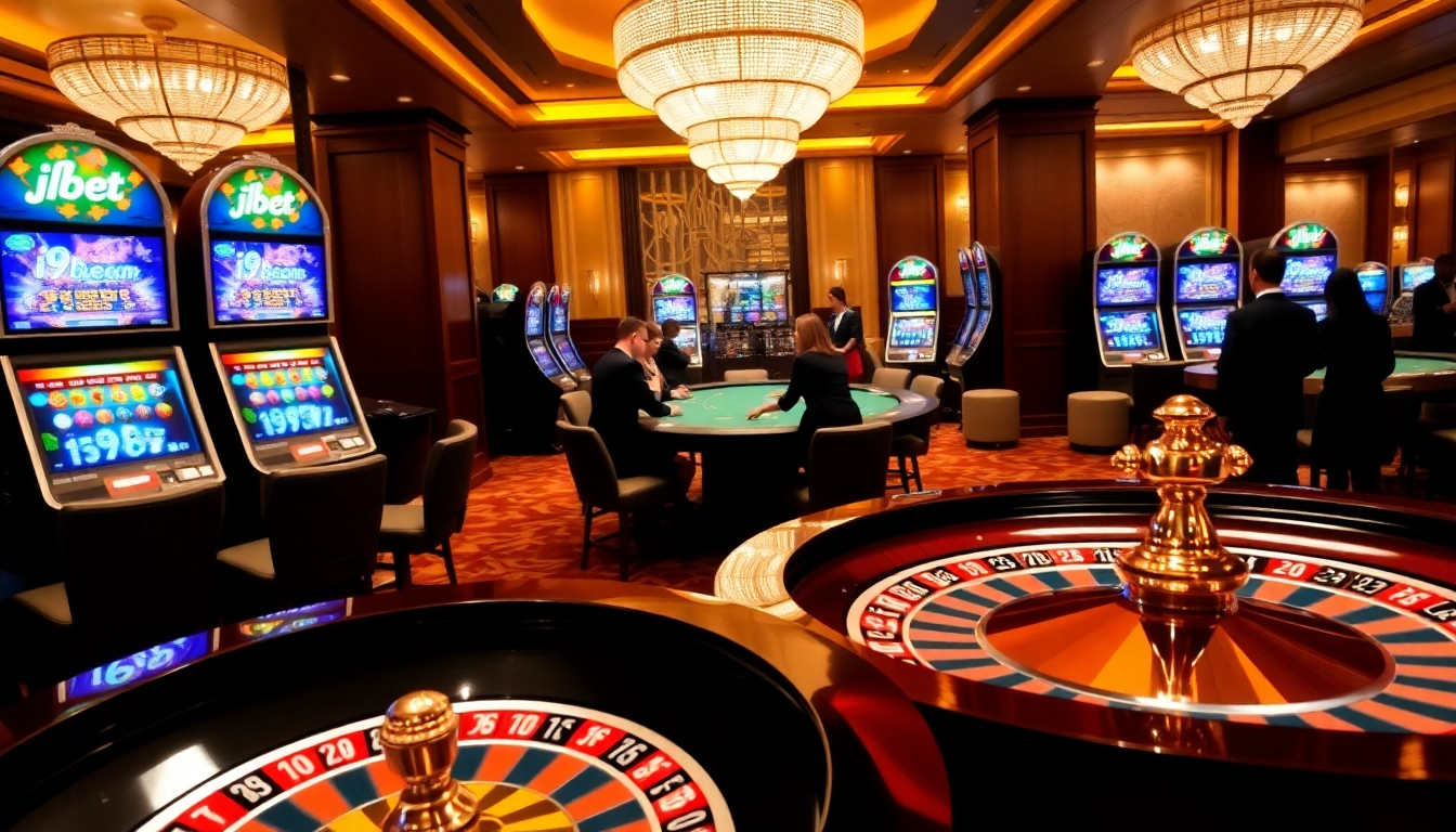 Engaging players at a luxury casino scene featuring i9bet.com with roulette and poker tables.