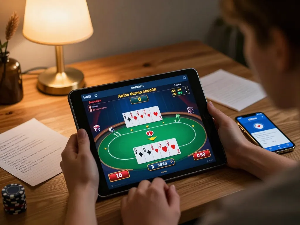 Player utilizing the qh88eu online casino app on a tablet, surrounded by strategic notes and warm lighting.