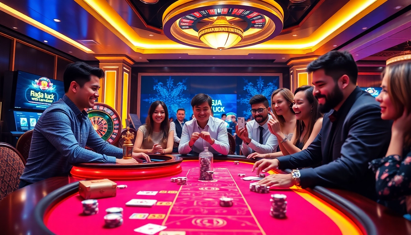 Experience thrilling gameplay at RAJA LUCK with engaged players around a roulette wheel and poker chips.