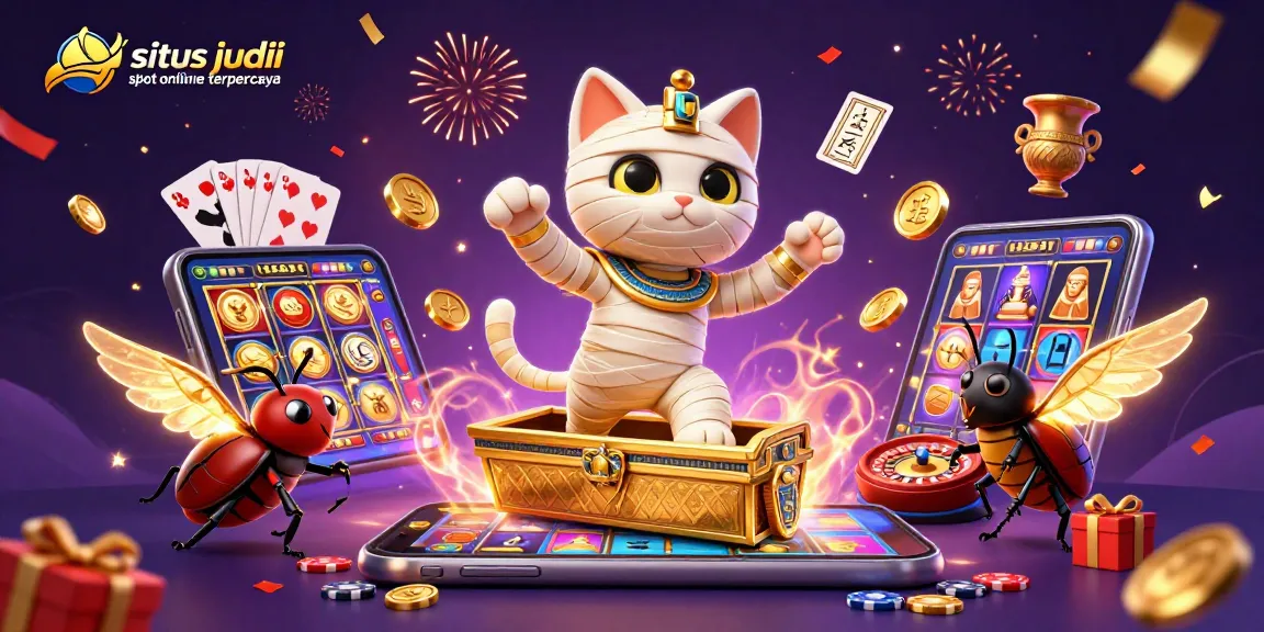 Experience thrills at situs judi slot online terpercaya with a dynamic scene of a mummy cat and magical gaming elements.