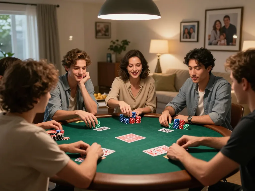 Friends enjoying a poker game at home, using the app lc88 for easy betting and strategy.