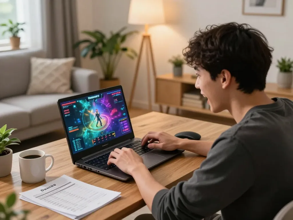 Pemain Dewi89 menikmati kemenangan permainan online di rumah dengan laptop dan kopi.