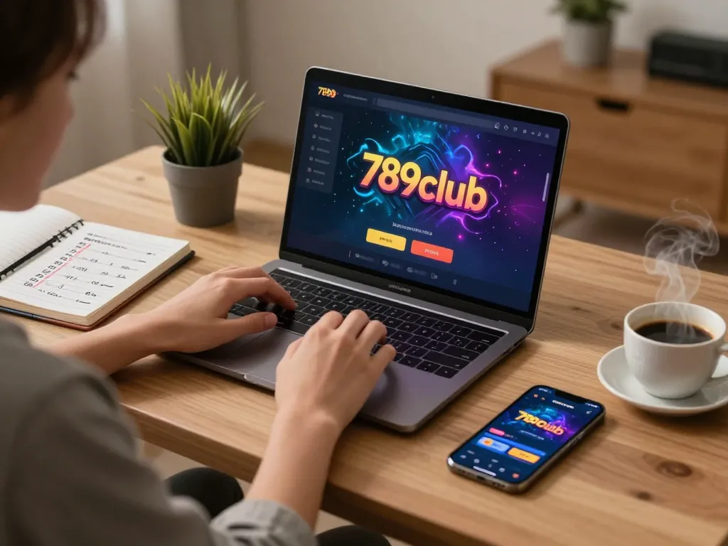 A player enjoying a thrilling gaming experience at 789club on a laptop while strategizing with notes and coffee.