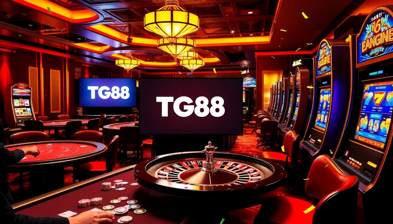 TG88 casino scene showcasing players engaging at poker tables and a vibrant slot machine.