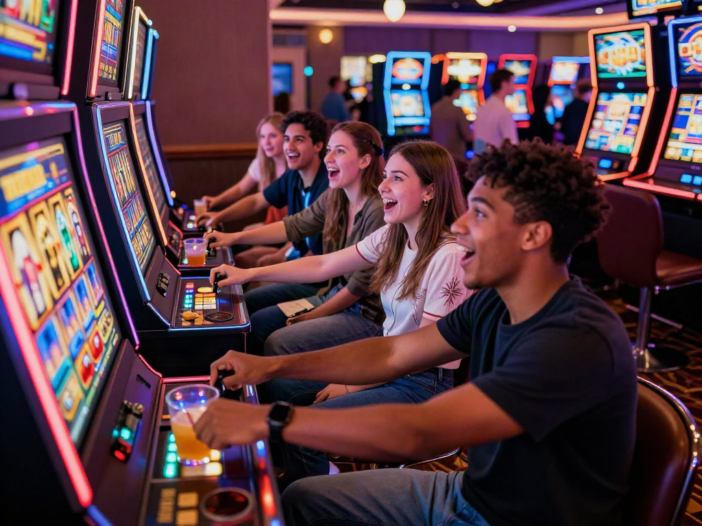 Exciting gaming scene with friends enjoying akunjp slot machines in a lively casino.