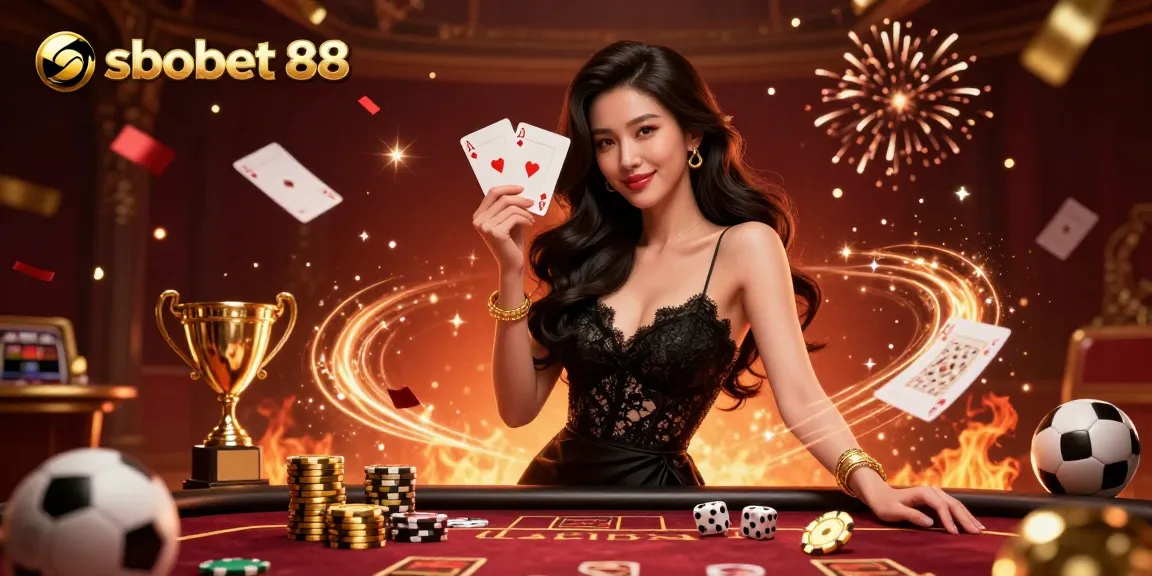 Experience sbobet 88 betting with an elegant Asian woman holding ace cards amidst a rich casino ambiance.