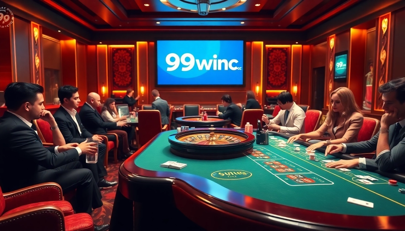 Engaging scene at a luxury casino table with players betting and 99win cc displayed prominently.