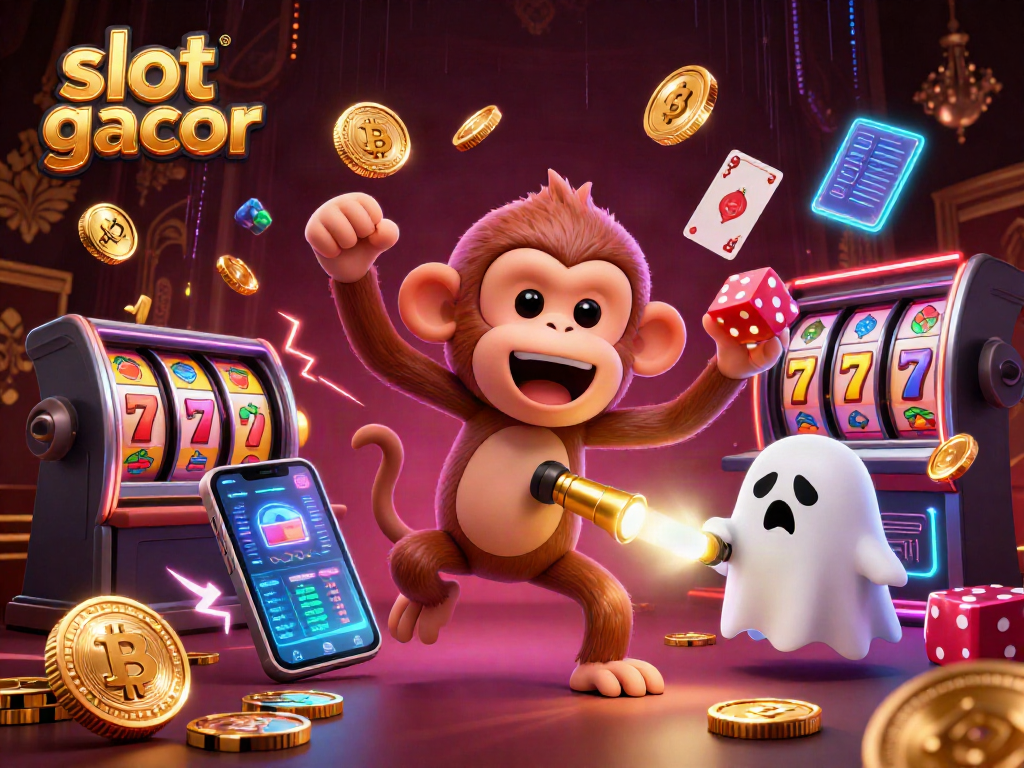 Engage with the exciting slot gacor scene featuring a playful poltergeist monkey juggling treasures in a haunted casino.