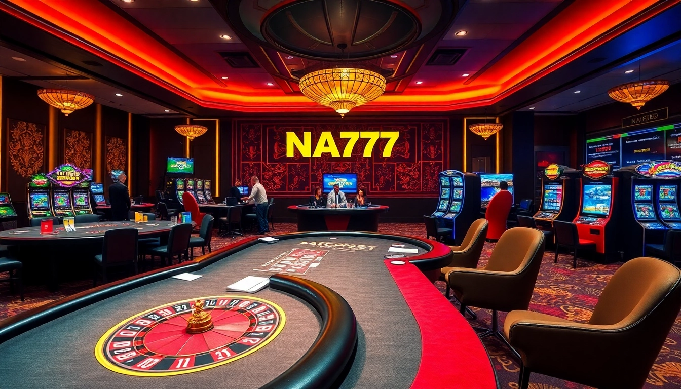 Experience the thrilling online gaming atmosphere at NA777 with elegant casino elements.