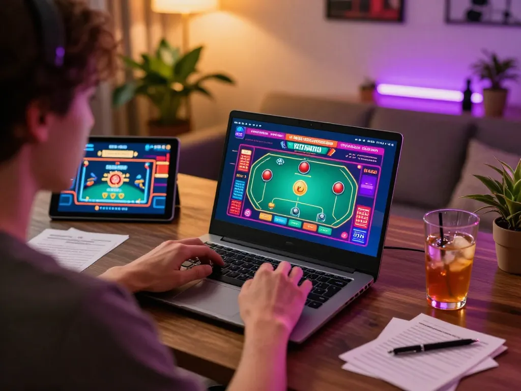 Person using okfun online casino app on laptop with vibrant gaming interface.