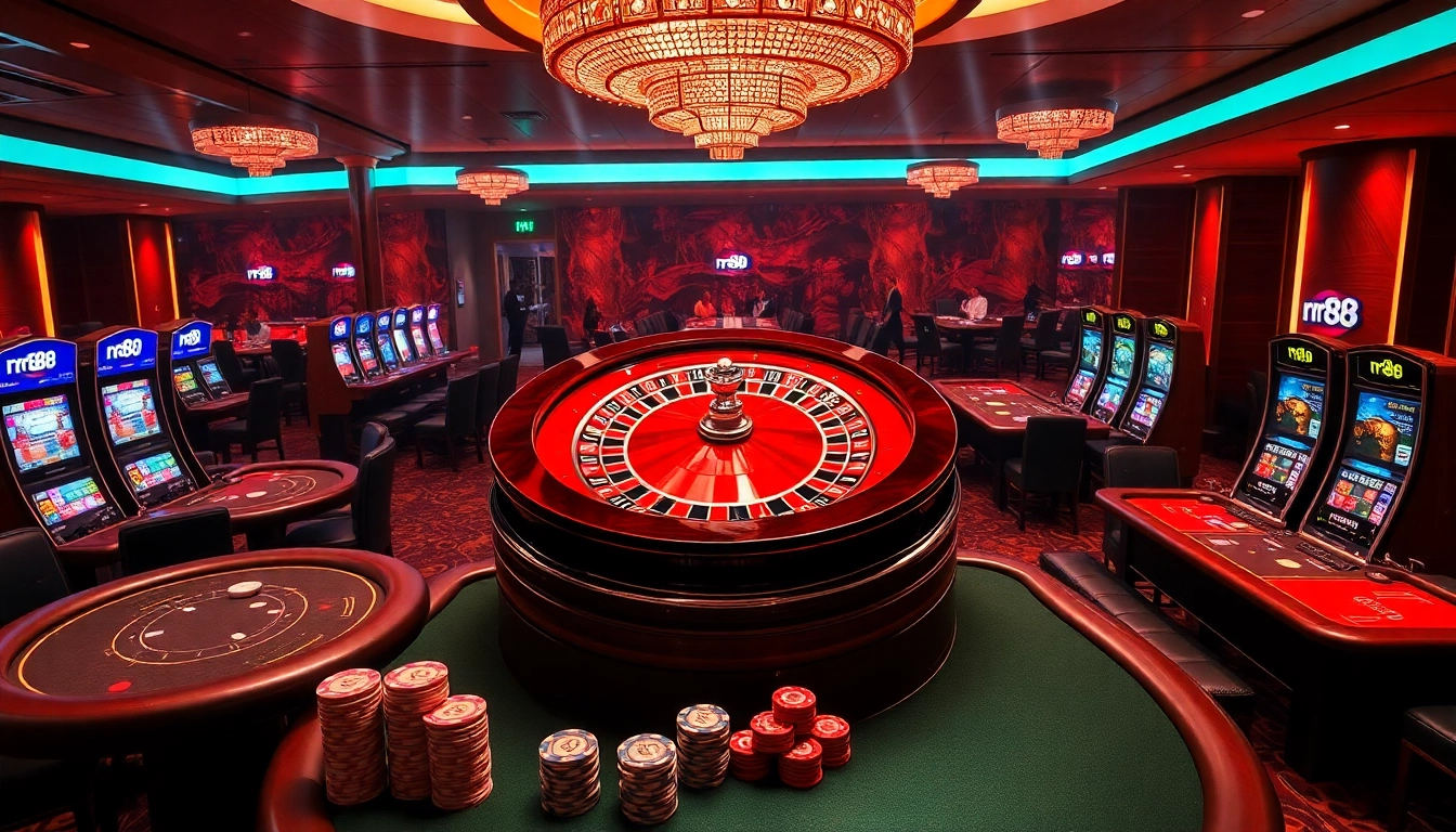 Experience the excitement of rr88 with lively casino games featuring poker chips and roulette.