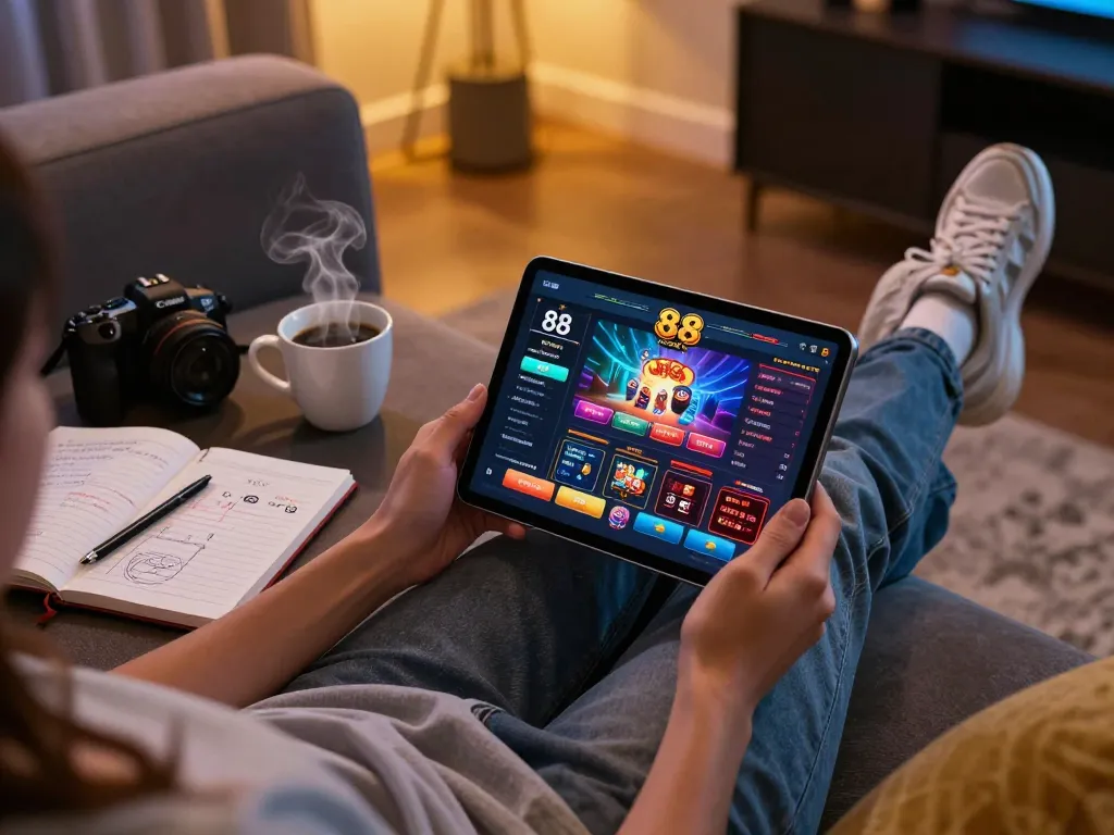 Engaging in online gaming at open 88, a player immersed in their tablet with strategic notes nearby.